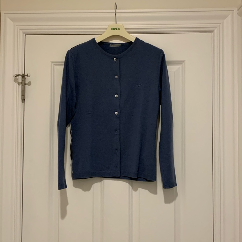 Anya Hindmarch London steel blue cashmere cardigan with silk print